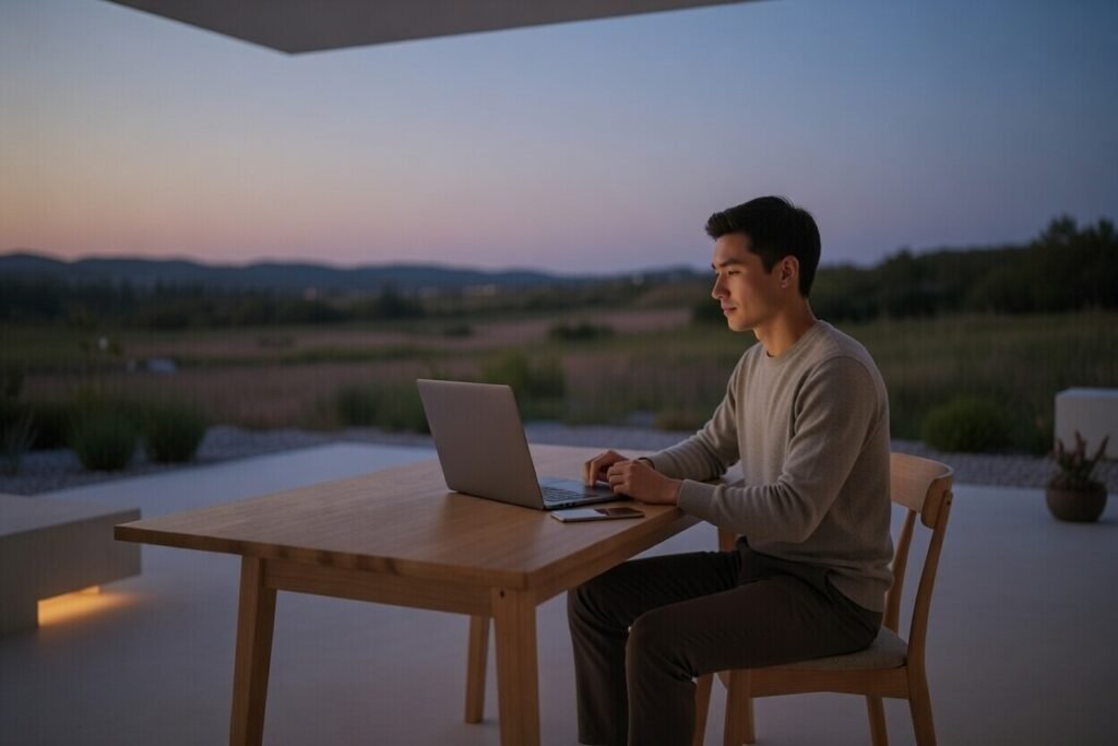 Male person exhibiting digital minimalism in practice, sitting calmly with a closed laptop and smartphone on a minimalist outdoor desk during a cool evening.