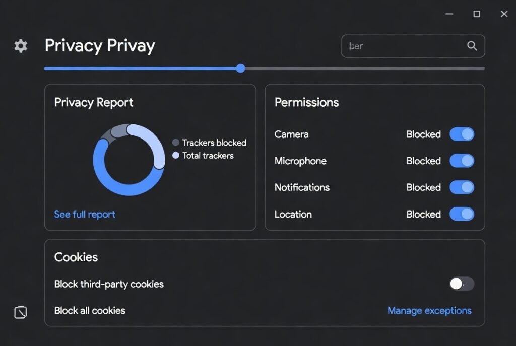 Clean modern browser privacy dashboard showing trackers blocked, permissions managed, and cookies settings – Are Focus Extensions Safe?