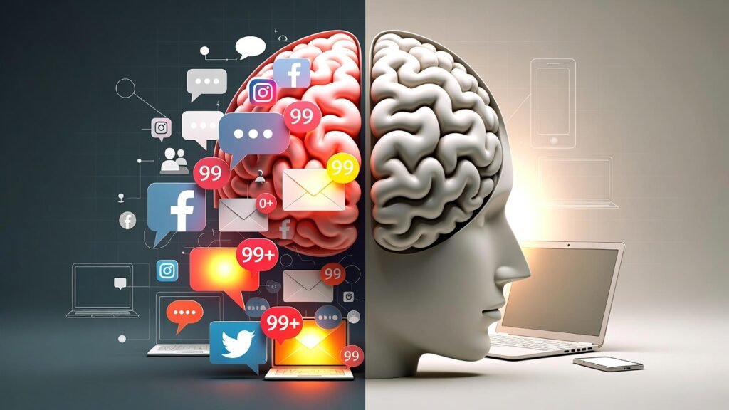 Infographic illustrating the science of digital minimalism, showing a brain affected by digital overload compared to a calm, focused minimalist tech environment.