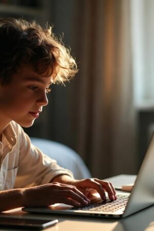 Teen practicing mindful technology for teens while building healthy screen habits in a balanced study environment