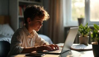 Teen practicing mindful technology for teens while building healthy screen habits in a balanced study environment