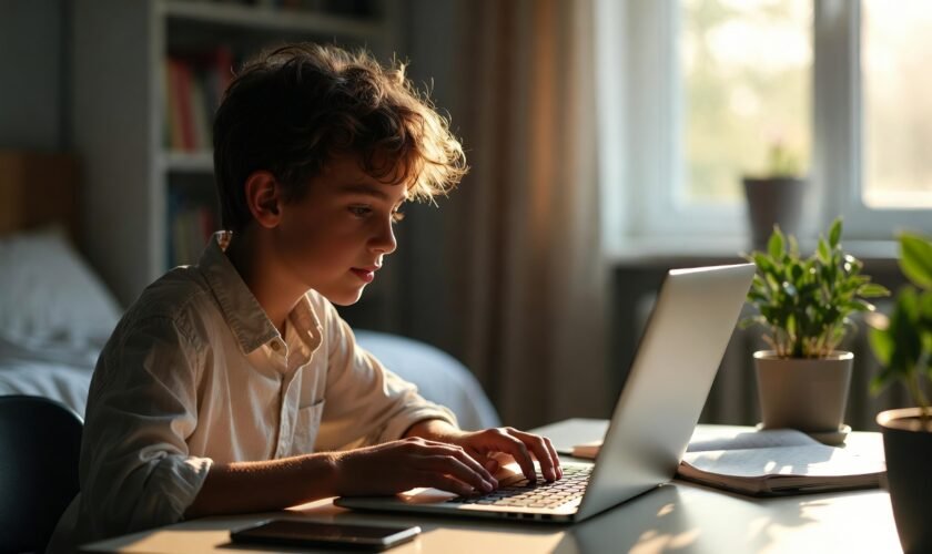 Teen practicing mindful technology for teens while building healthy screen habits in a balanced study environment