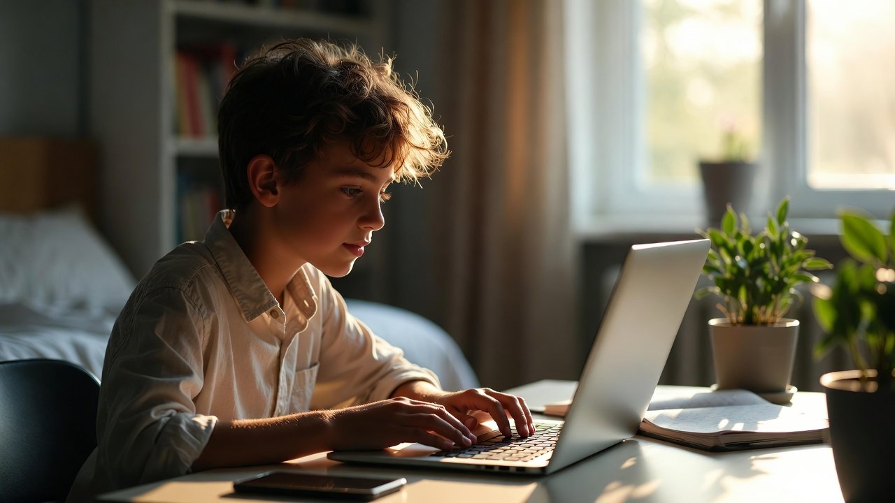 Teen practicing mindful technology for teens while building healthy screen habits in a balanced study environment