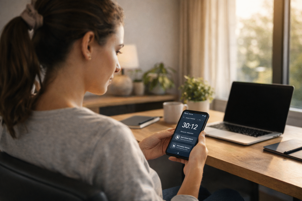 A young woman in a minimalist home office holding a smartphone with a focus app open, notifications muted, and sunlight streaming in, demonstrating the future of mindful technology and intentional digital focus.