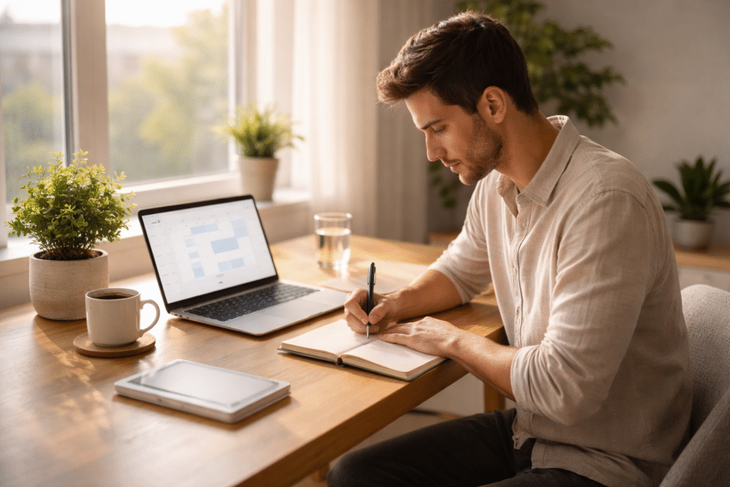 Young professional practicing digital minimalism at a minimalist home desk with laptop, notebook, and coffee, soft natural light enhancing focus and calm.