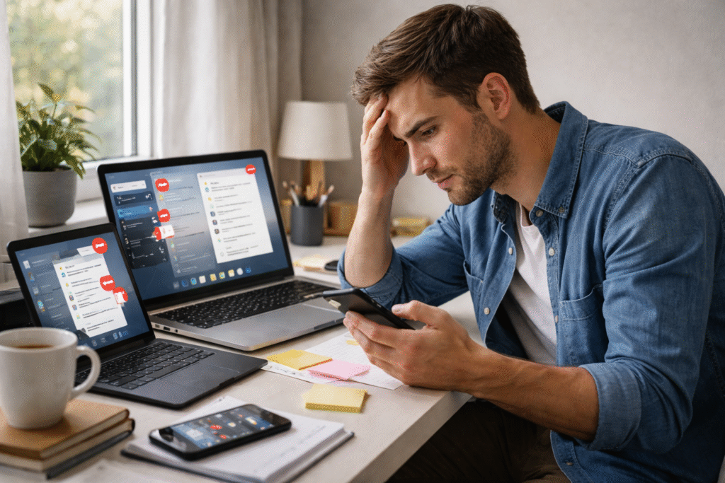 Person overwhelmed by digital clutter with multiple devices and notifications, illustrating digital minimalism for beginners