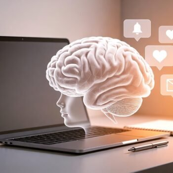 Minimal workspace illustrating the science behind digital minimalism, with calm lighting and digital icons fading away from the brain, symbolizing focus, clarity, and intentional tech use.