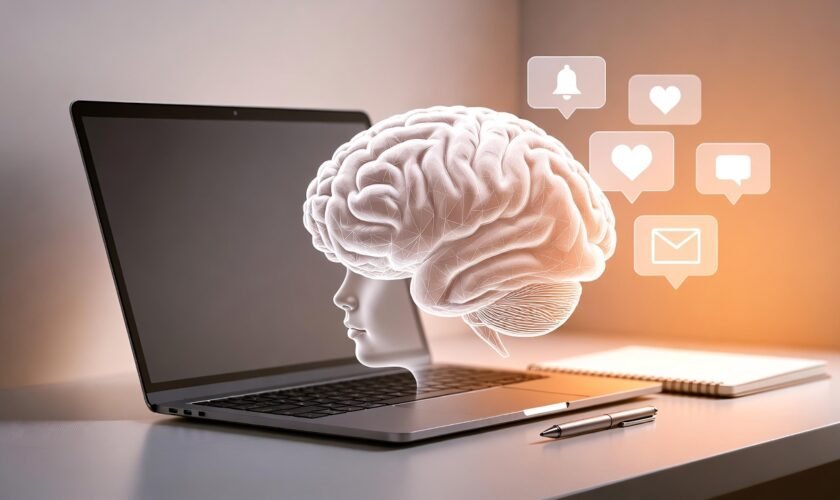 Minimal workspace illustrating the science behind digital minimalism, with calm lighting and digital icons fading away from the brain, symbolizing focus, clarity, and intentional tech use.