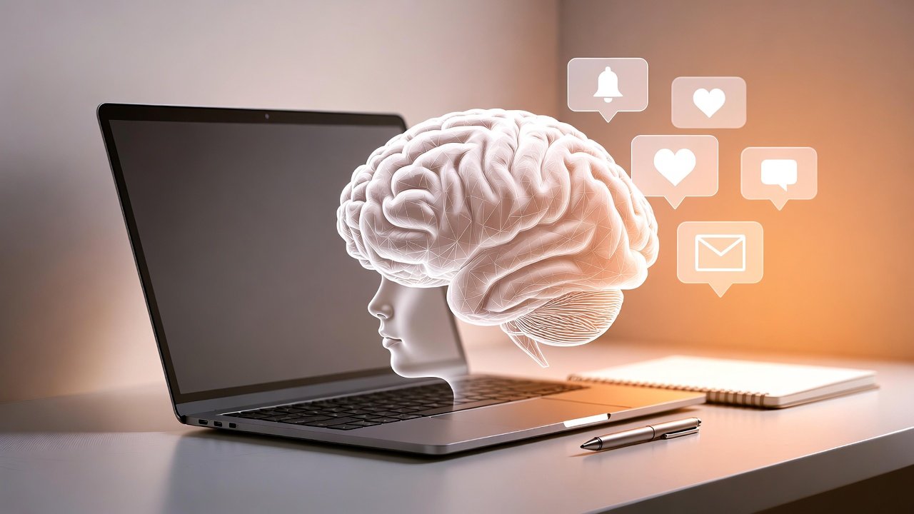 Minimal workspace illustrating the science behind digital minimalism, with calm lighting and digital icons fading away from the brain, symbolizing focus, clarity, and intentional tech use.