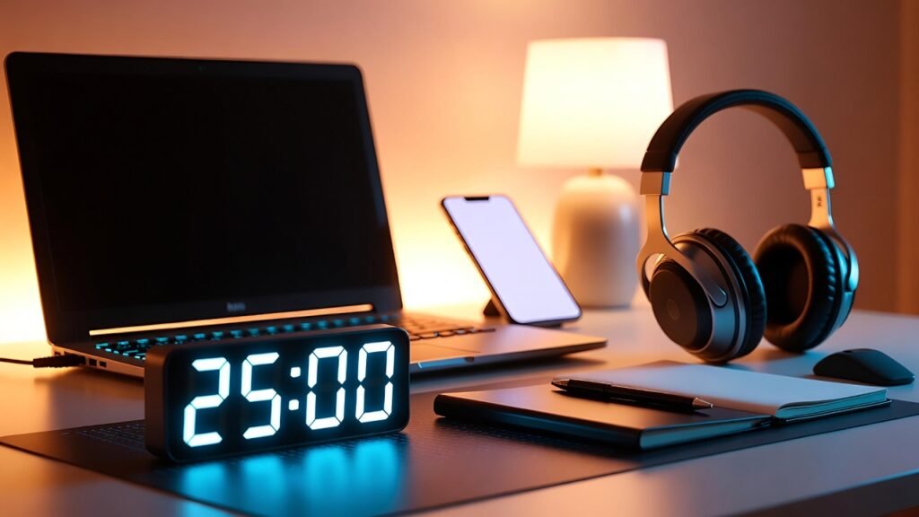 Sleek minimalist desk with laptop and smartphone displaying a focus app, natural light highlighting intentional tech habits and the science behind Digital Minimalism 2.0