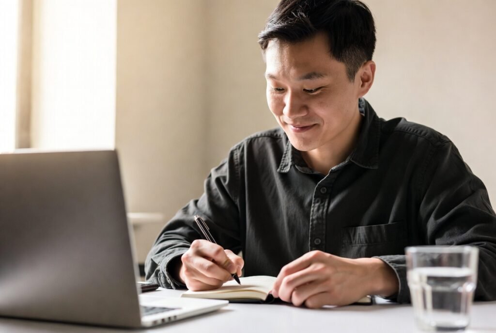 Person working at a minimalist desk, writing in a notebook with a closed laptop beside them, soft natural light creating a peaceful atmosphere, illustrating digital minimalism to boost focus